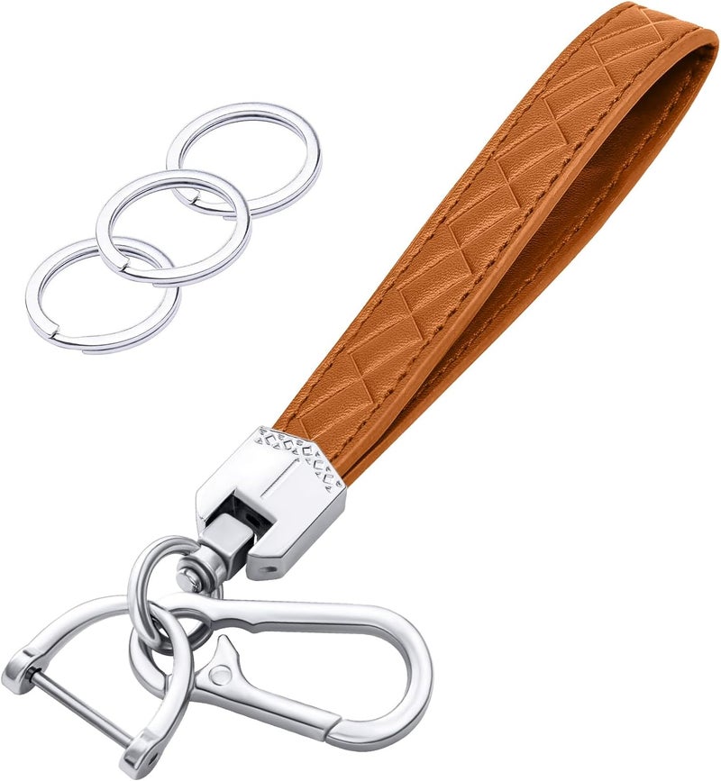 OHKYOOT Store Leather Wristlet Keychain,Car Key Chain Wrist Keychain with 3 Key Ring and Anti-Lost D Ring (Brown Silver) - Image 1